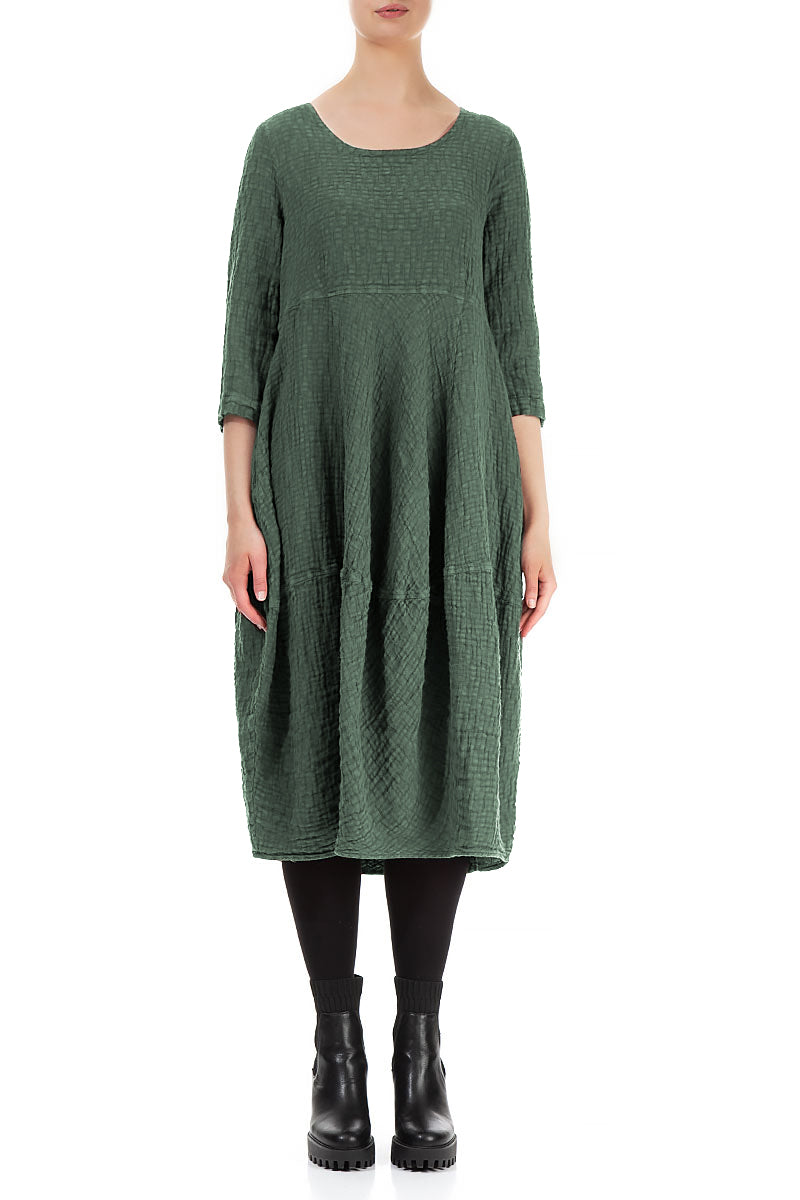 Balloon Cropped Sleeves Dark Sage Textured Linen Dress 1