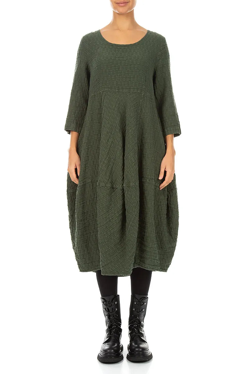 Balloon Cropped Sleeves Forest Mist Textured Linen Dress 1