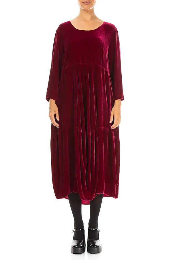 Balloon Cropped Sleeves Ruby Silk Velvet Dress 1