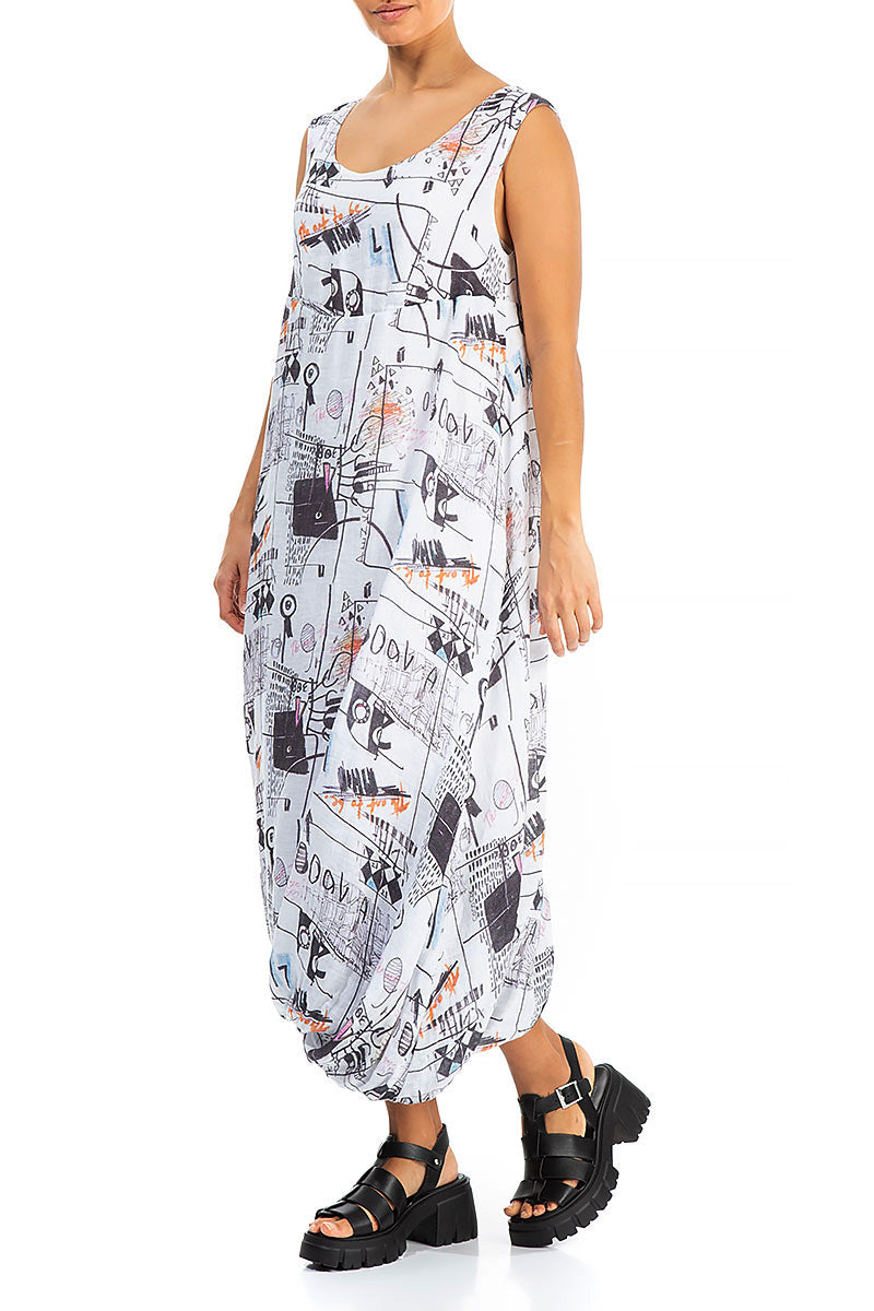 Balloon Hem Street Art Gauze Linen Dress 3