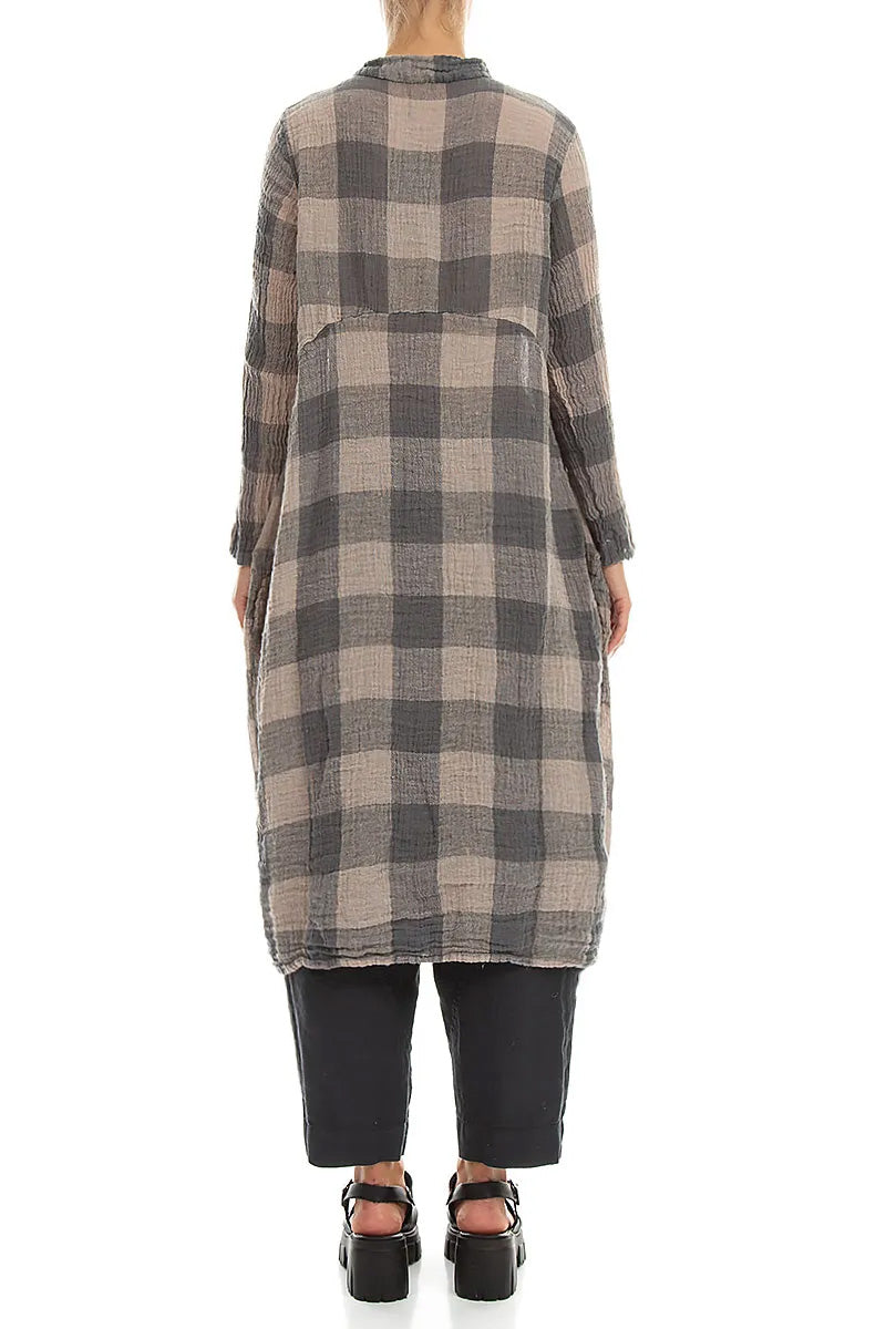 Balloon Large Check Beige Gauze Linen Jacket Dress 2