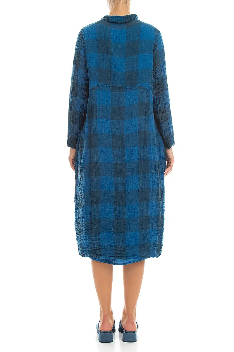 Balloon Large Check Cobalt Blue Gauze Linen Jacket Dress