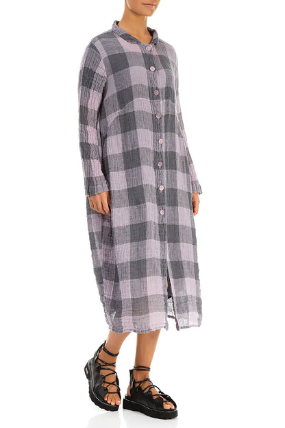 Robe-veste en gaze de lin lilas à grands carreaux