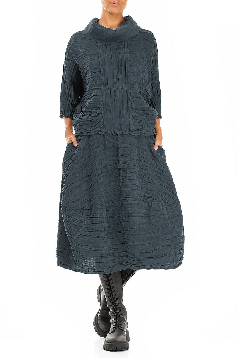 Balloon Shape Crinkled Slate Silk Linen Skirt 4