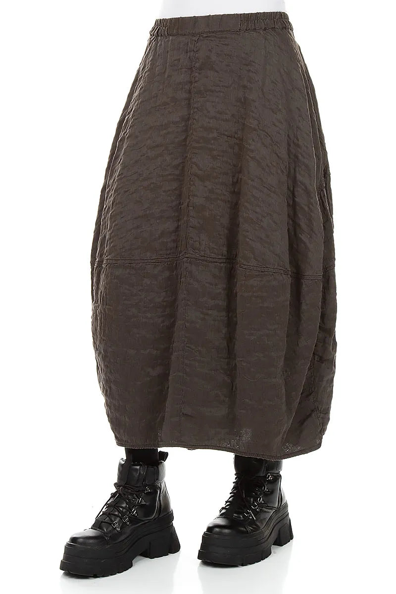 Balloon Shape Textured Forest Brown Silk Linen Skirt 3
