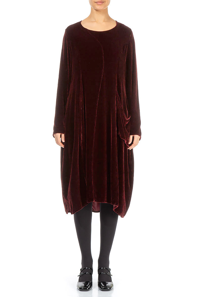 Balloon Single Pocket Dark Merlot Silk Velvet Dress 1