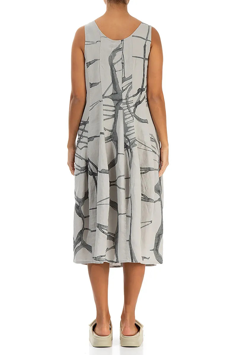 Balloon Sleeveless Printed Beige Linen Dress 2