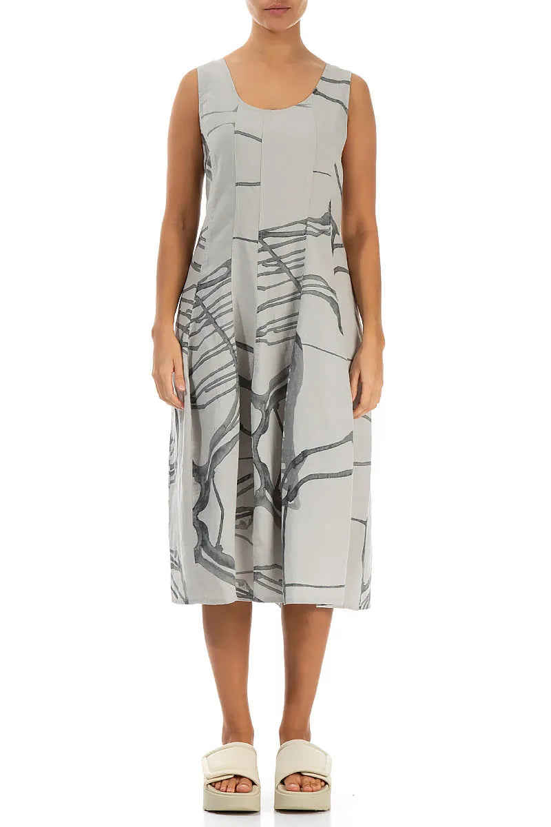 Balloon Sleeveless Printed Beige Linen Dress 1