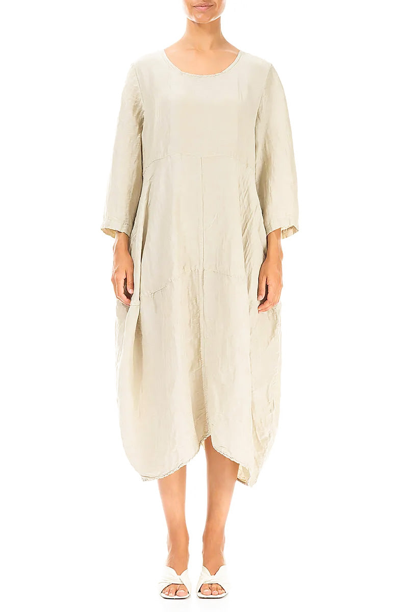 Balloon Textured Laurel Green Silk Linen Dress 1