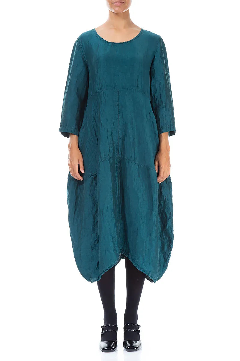 Robe en lin et soie à texture ballon et motif paon