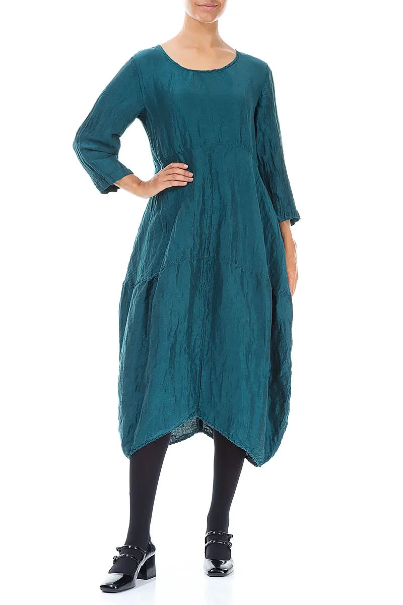Balloon Textured Peacock Silk Linen Dress 4
