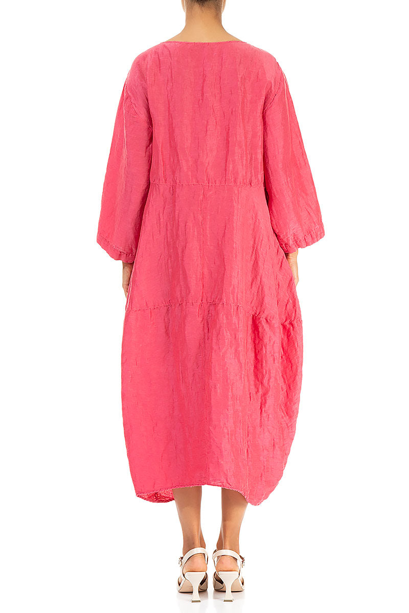 Balloon Textured Raspberry Silk Linen Dress 2