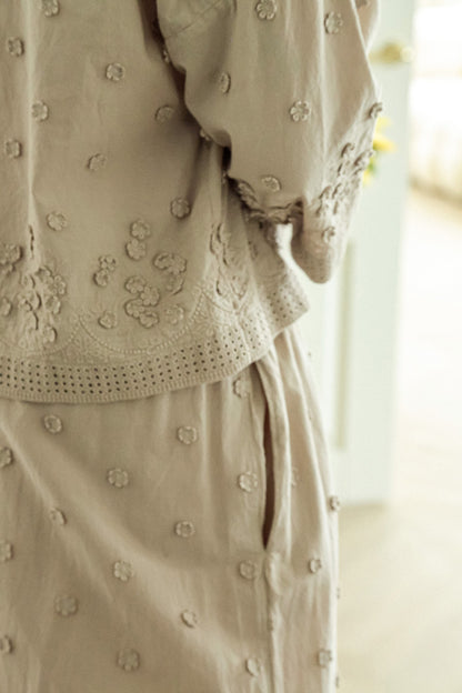 Beige Floral Embroidered Cotton Trousers 7