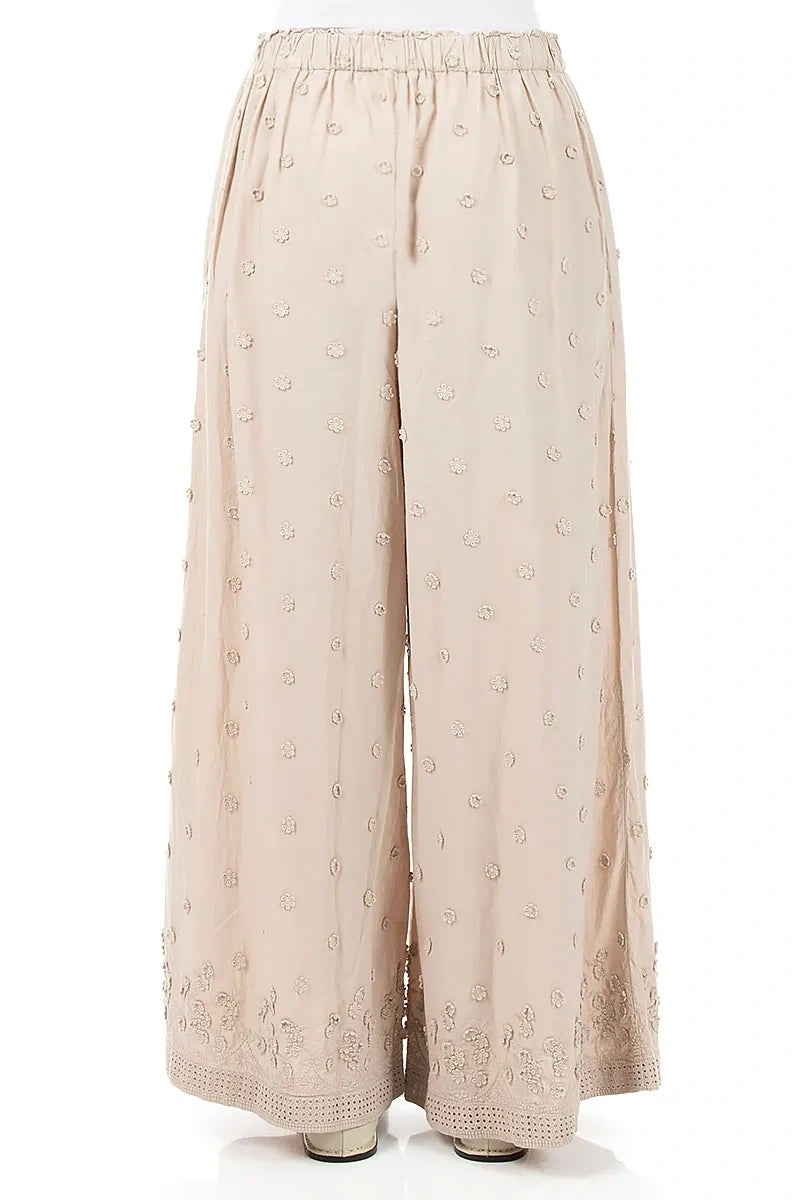 Beige Floral Embroidered Cotton Trousers 2