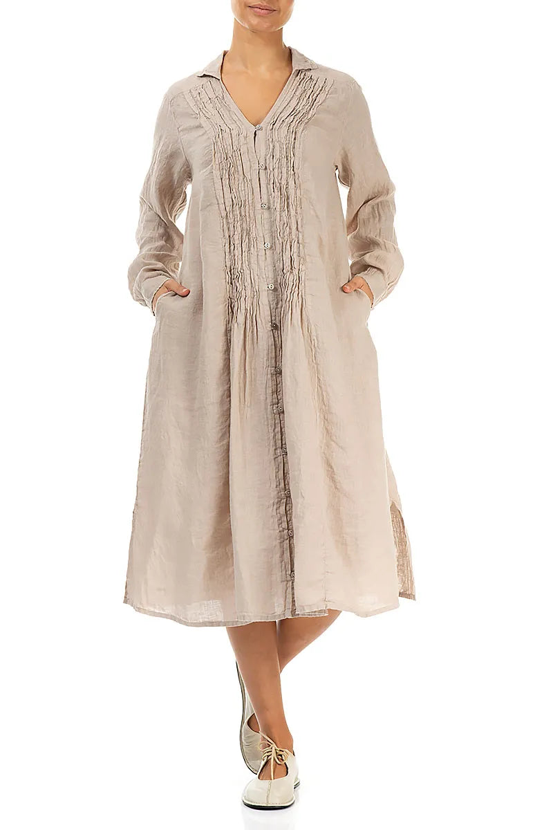 Beige Pintuck Linen Shirt Dress 3