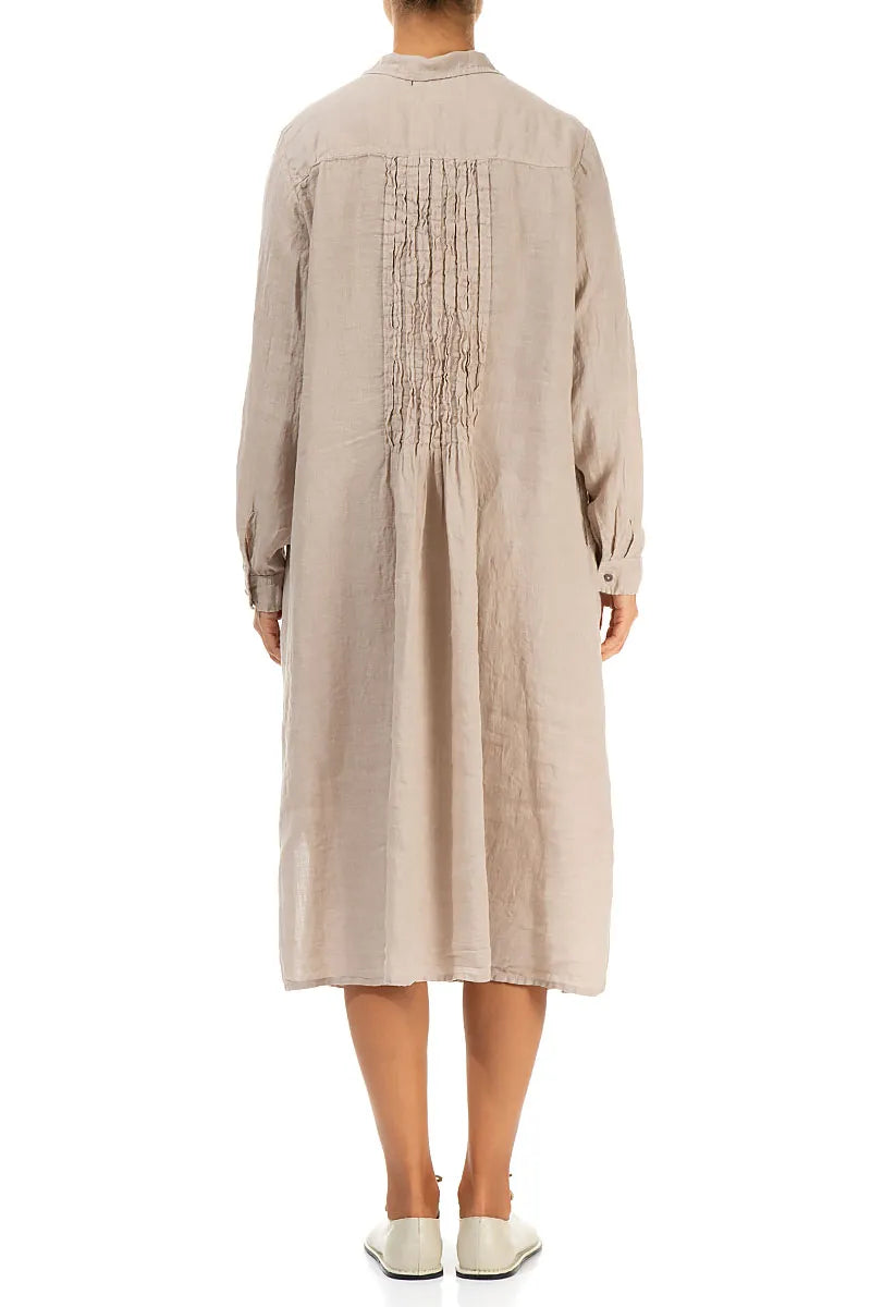 Beige Pintuck Linen Shirt Dress 4