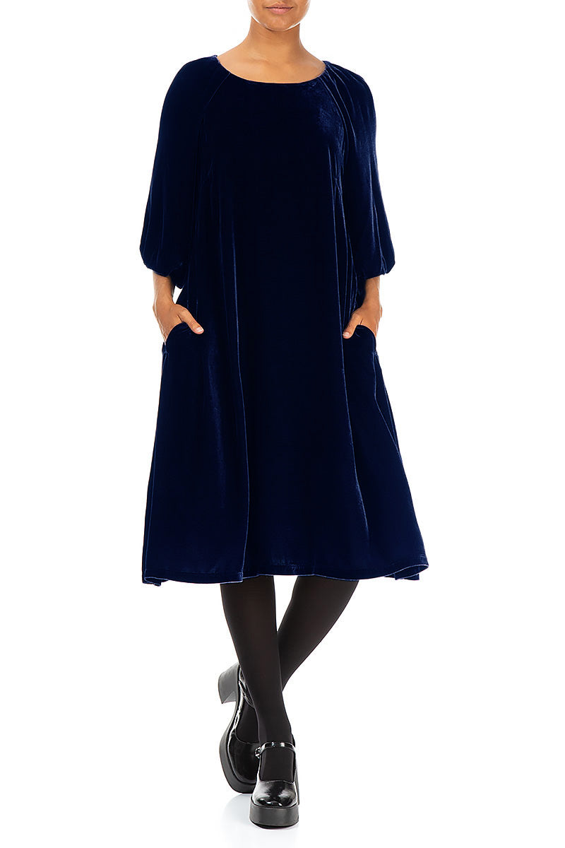 Bishop Sleeves Royal Blue Silk Velvet Dress