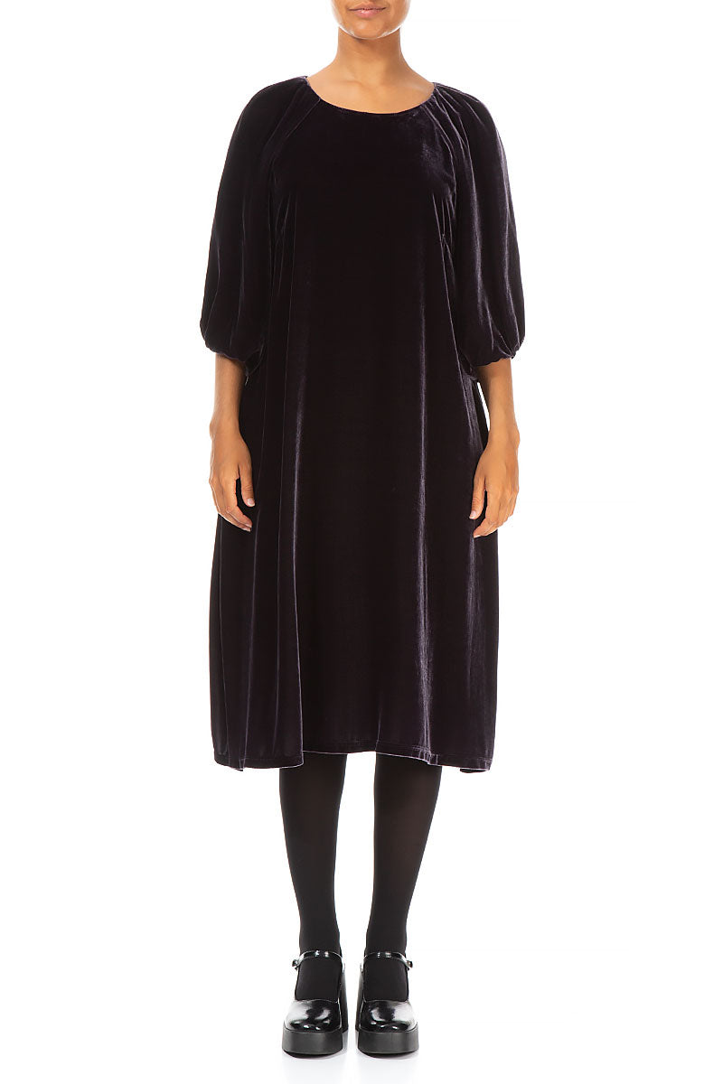 Robe en velours de soie bleu ardoise à manches gigot