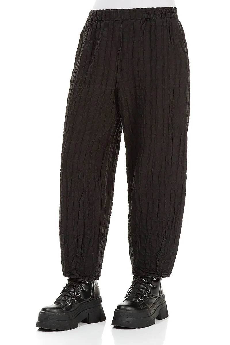 Schwarze karierte Leinen-Baumwollhose