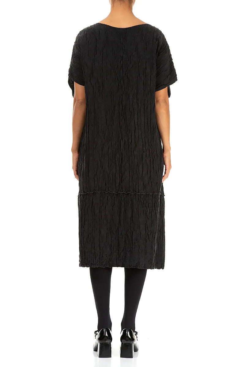 Black Crinkled Silk Linen Dress
