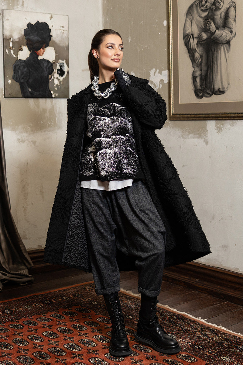Black Feathered Cocoon Coat 1