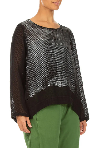 Black Foil Mesh Silk Blouse