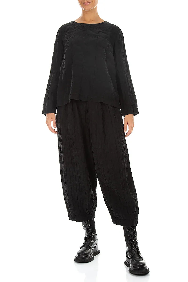 Black Pleated Silk Linen Blouse 4