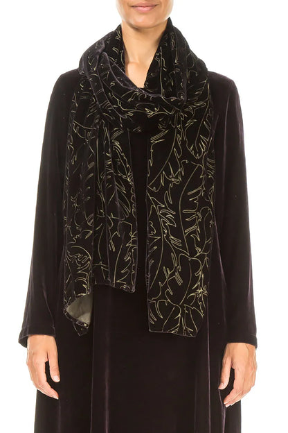 Écharpe en velours de soie à plumes dévorées noir et argent