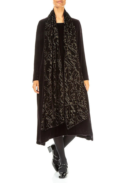 Écharpe en velours de soie à plumes dévorées noir et argent