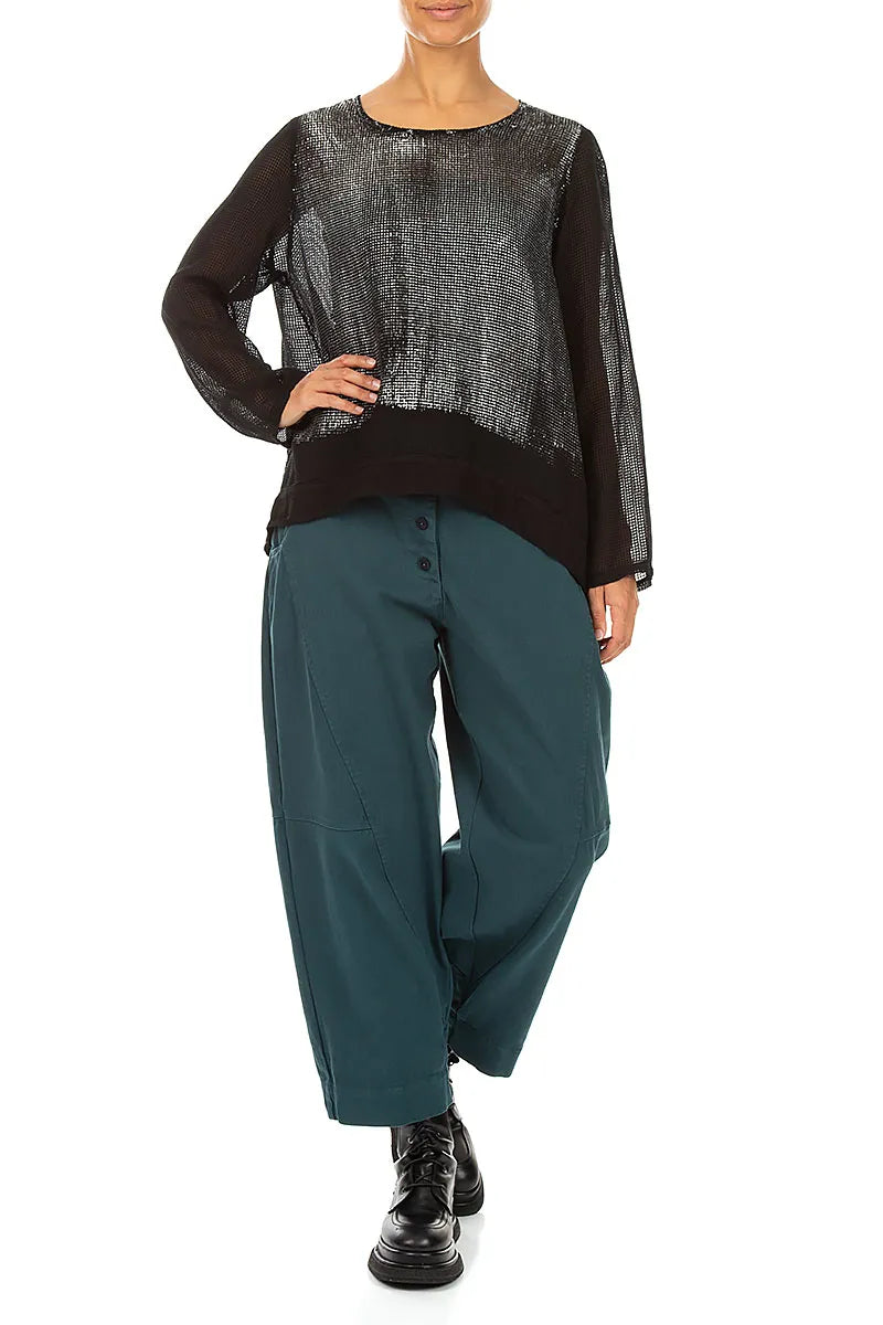 Black Silver Metallic Mesh Silk Blouse 4