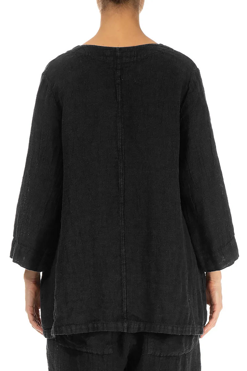 Black Sweetheart Neck Mélange Linen Blouse 2