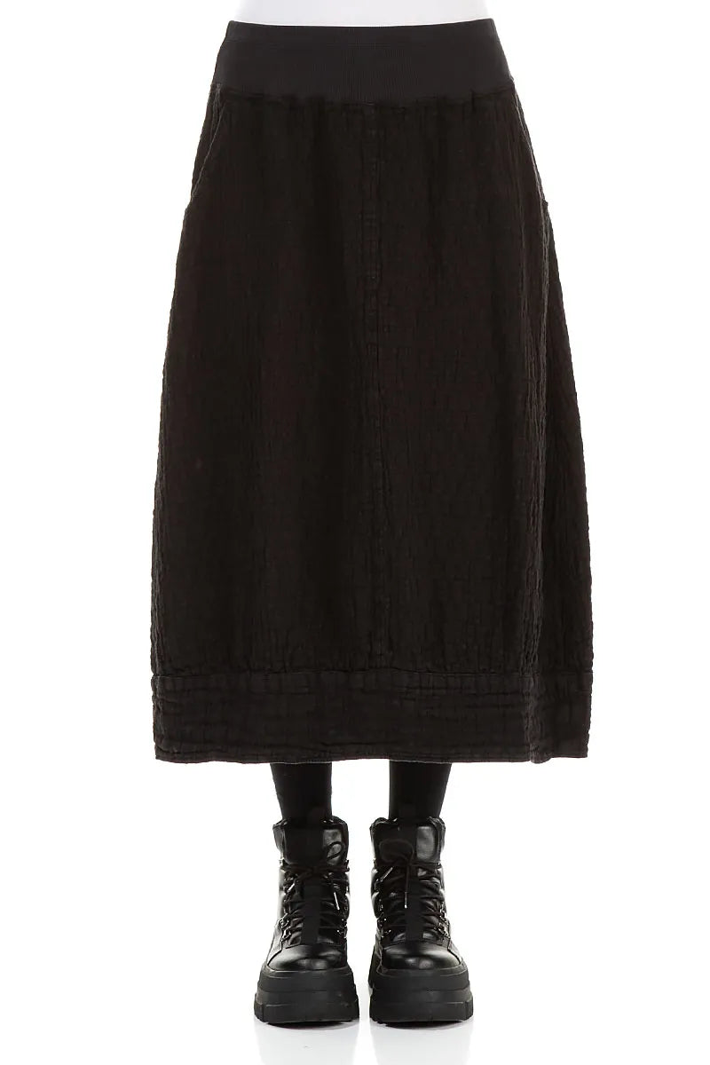 Black Textured Linen Midi Skirt 1