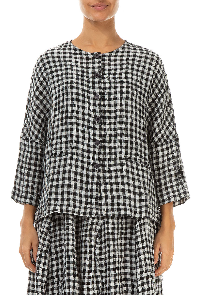 Black &amp; White Check Linen Jacket Blouse 1
