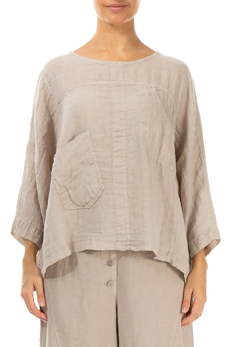 Kastige Bluse aus beigefarbener Gaze-Leinen