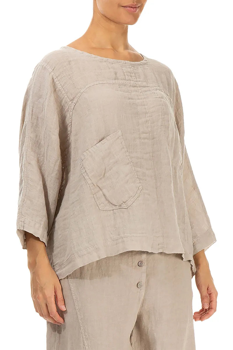 Kastige Bluse aus beigefarbener Gaze-Leinen