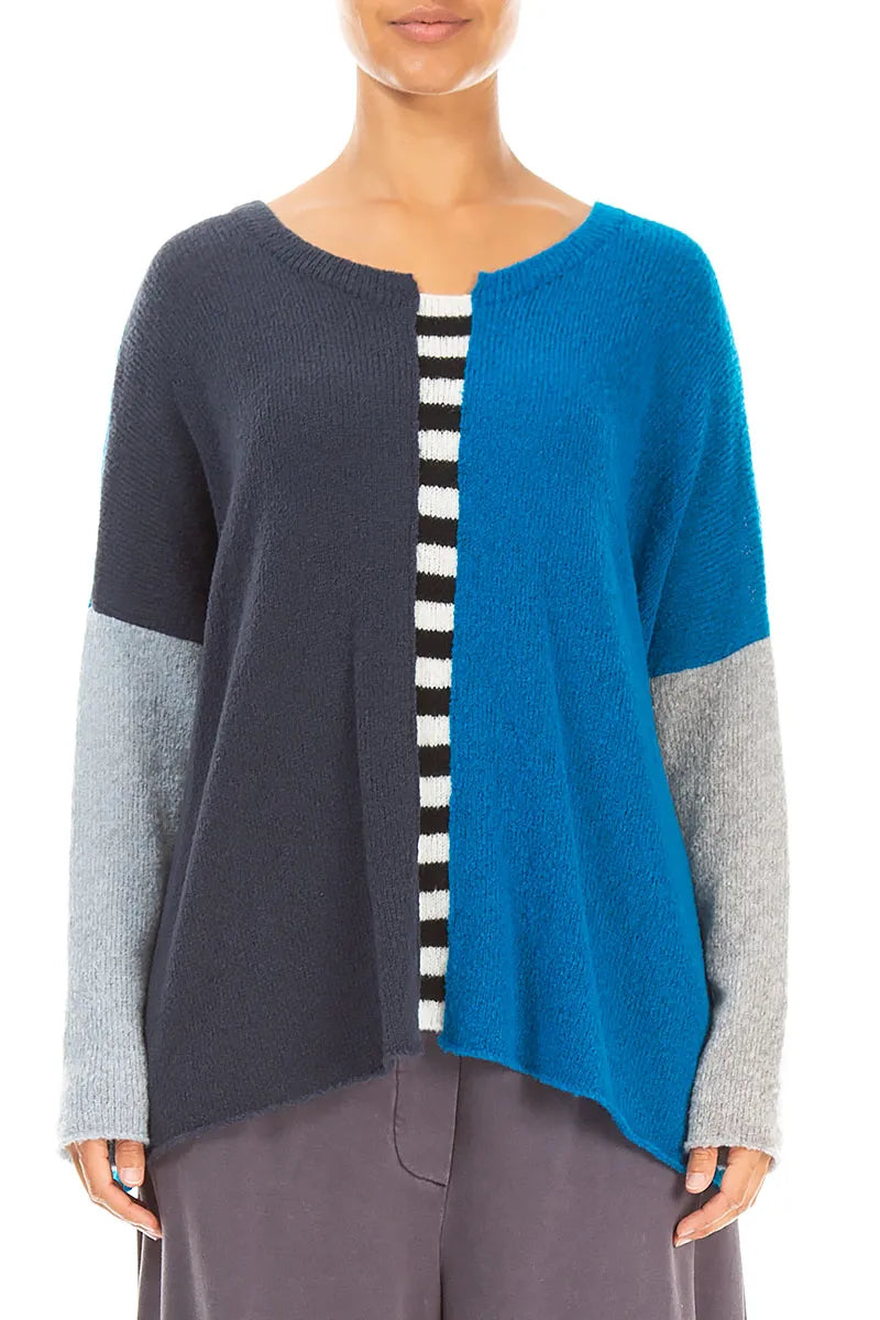 Kastiger Wollpullover in Navy und Azurblau mit Colour-Blocking