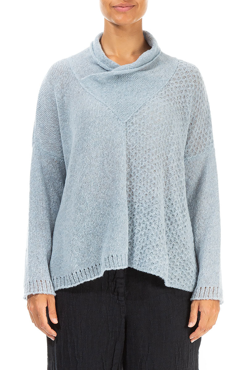 Boxy Cowl Neck Silver Blue Wool Sweater