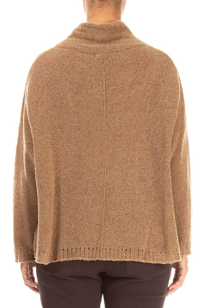 Kastanienbrauner Wollpullover mit kastigem Schnitt und Wasserfallausschnitt