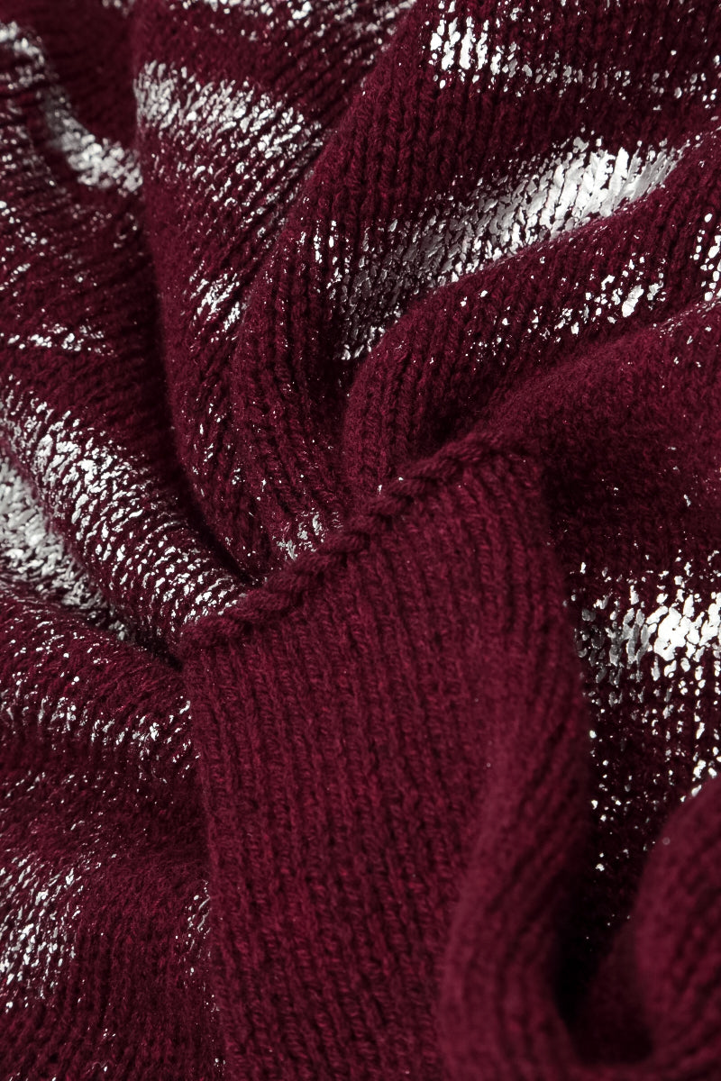 Boxy Deep Red Silver Metallic Merino Wool Sweater 5