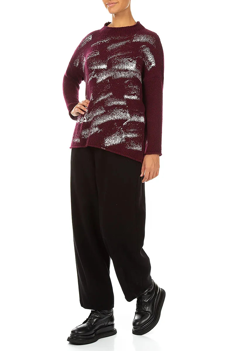 Boxy Deep Red Silver Metallic Merino Wool Sweater 4