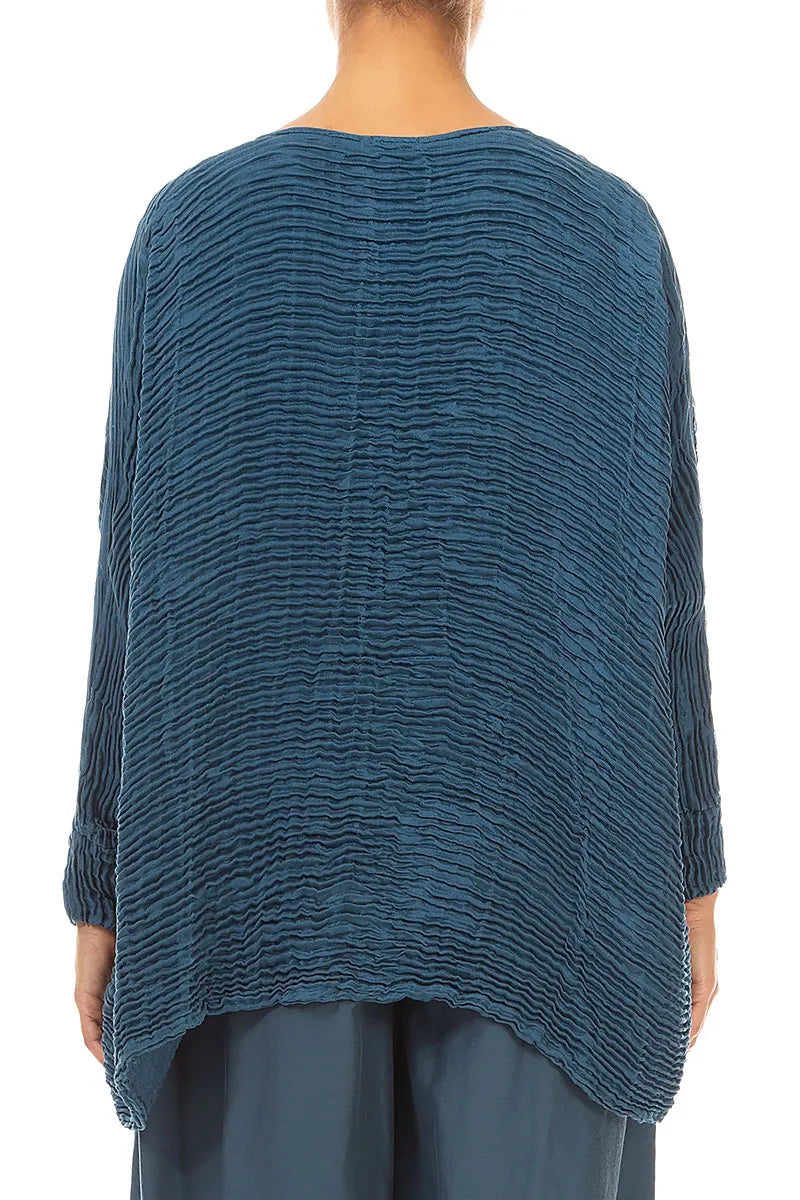 Boxy Deep Turquoise Plissé Silk Blouse 2