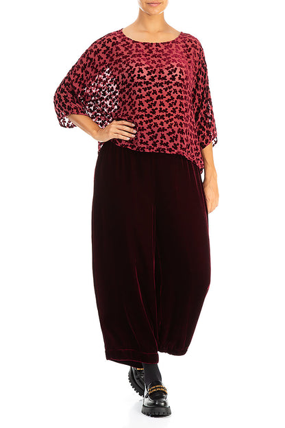 Boxy Devoré Petals Claret Silk Velvet Blouse 4