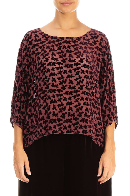 Boxy Devoré Petals Maroon Silk Velvet Blouse 1
