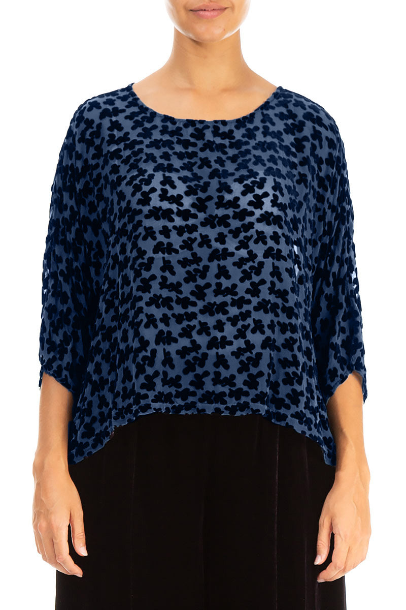 Boxy Devoré Petals Royal Blue Silk Velvet Blouse