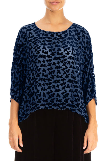 Boxy Devoré Petals Royal Blue Silk Velvet Blouse