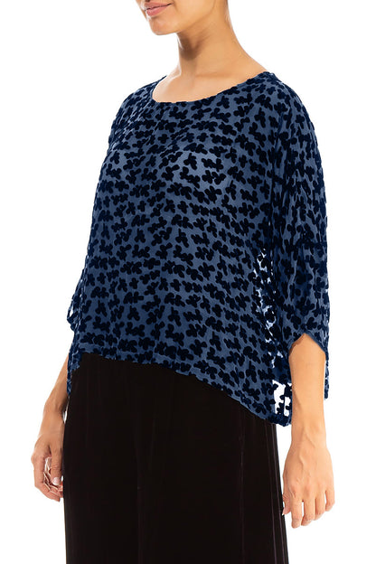 Boxy Devoré Petals Royal Blue Silk Velvet Blouse