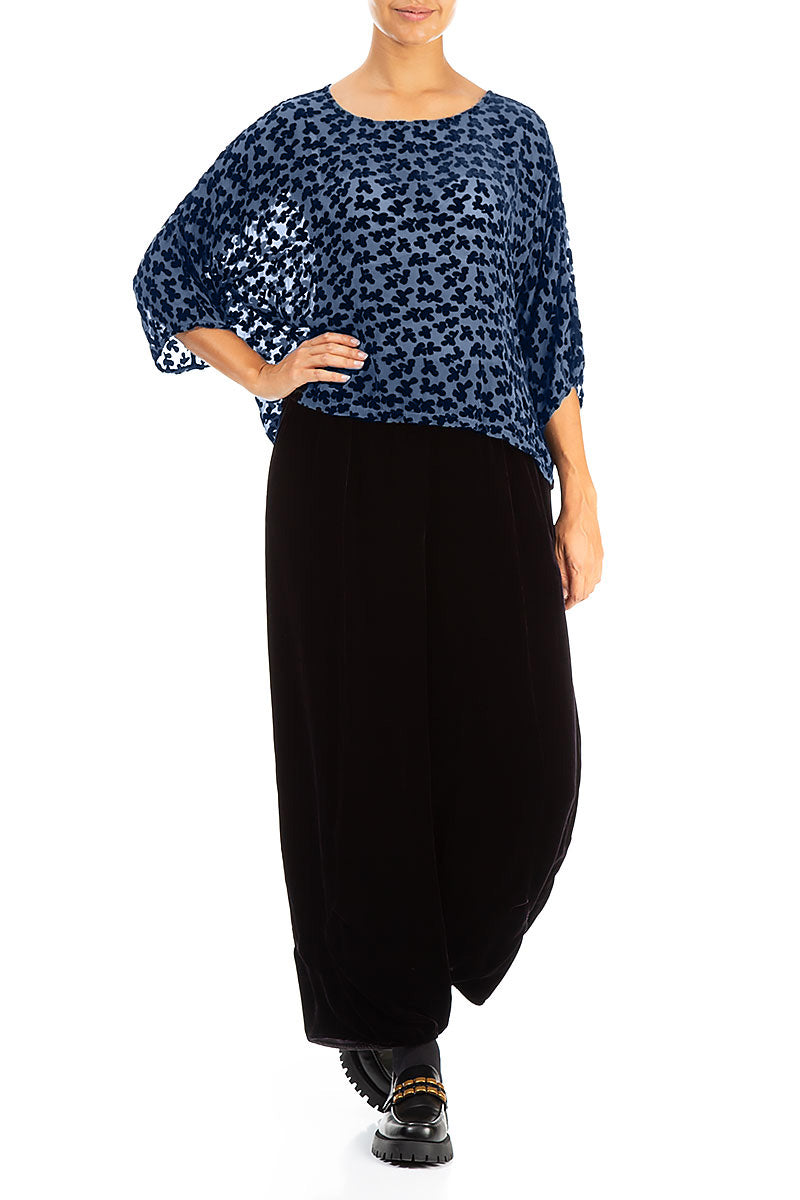 Boxy Devoré Petals Royal Blue Silk Velvet Blouse