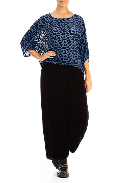 Boxy Devoré Petals Royal Blue Silk Velvet Blouse