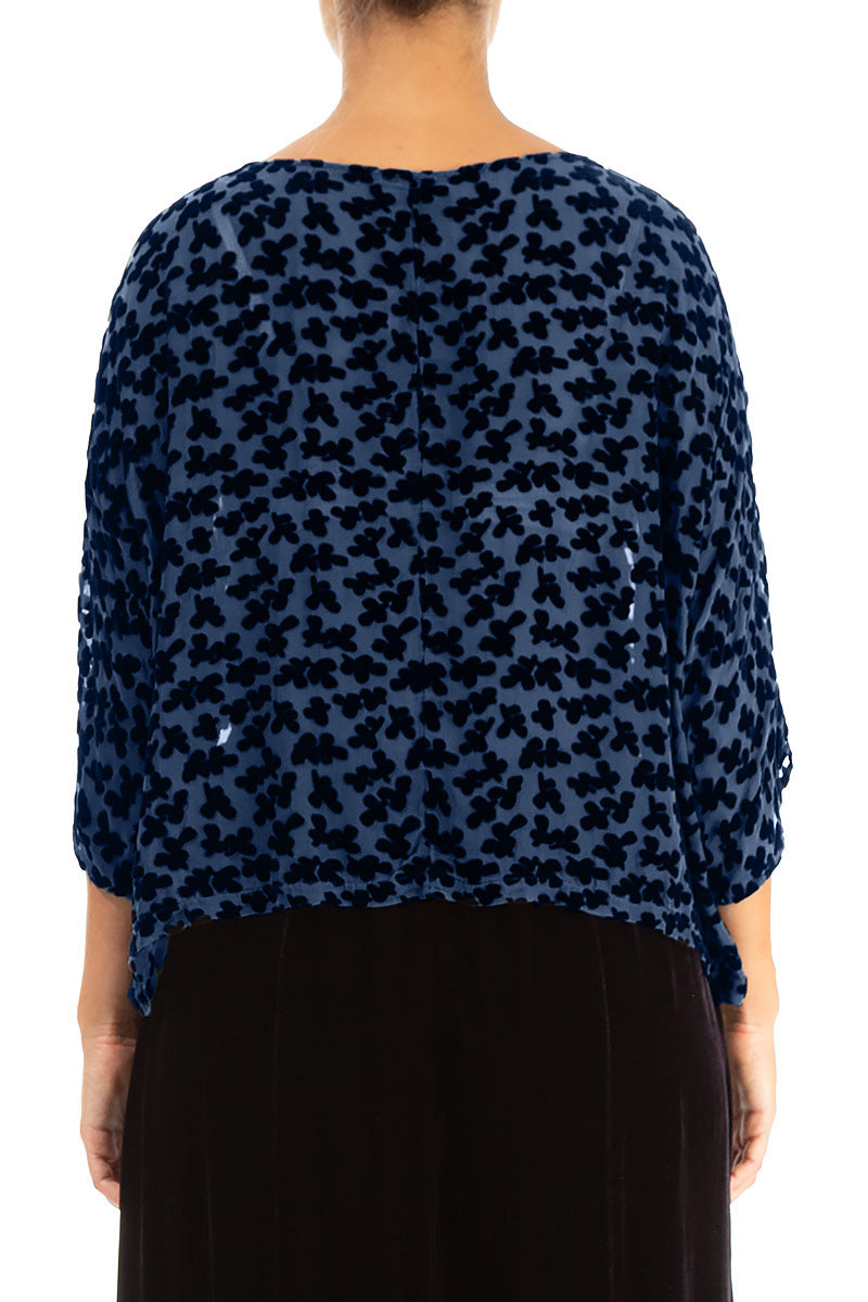 Boxy Devoré Petals Royal Blue Silk Velvet Blouse