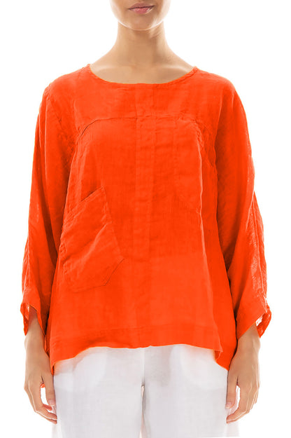 Boxy Flame Orange Gauze Linen Blouse